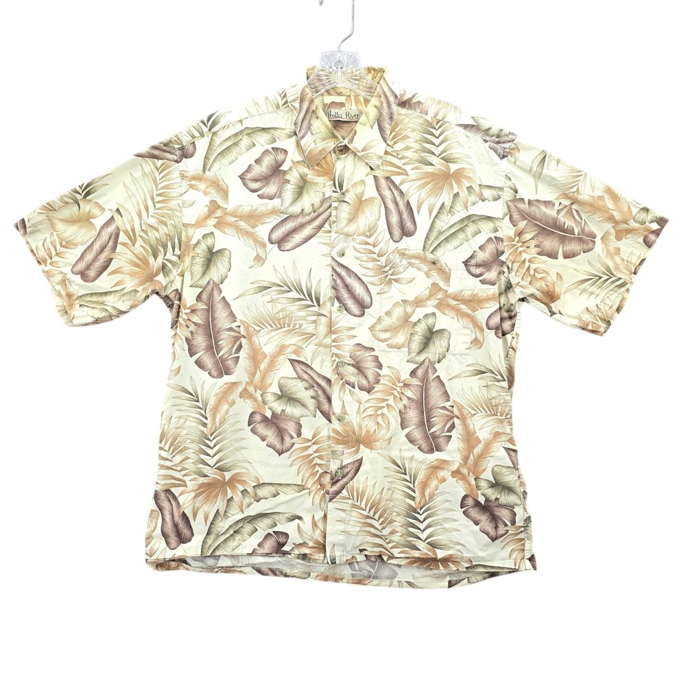 Hollis River Tan Beach Palm Tropical Surf Island Vintage Relax Hawaiian Shirt L‎